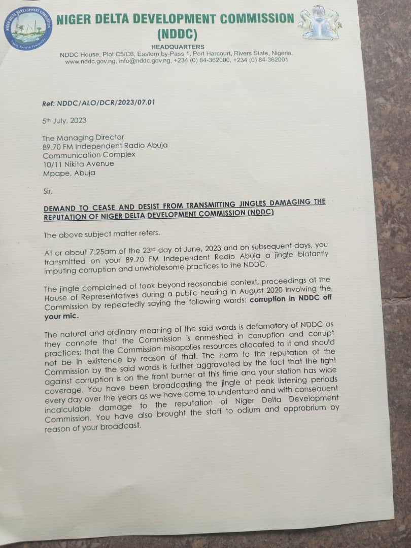 NDDC Letter to Independent Radio